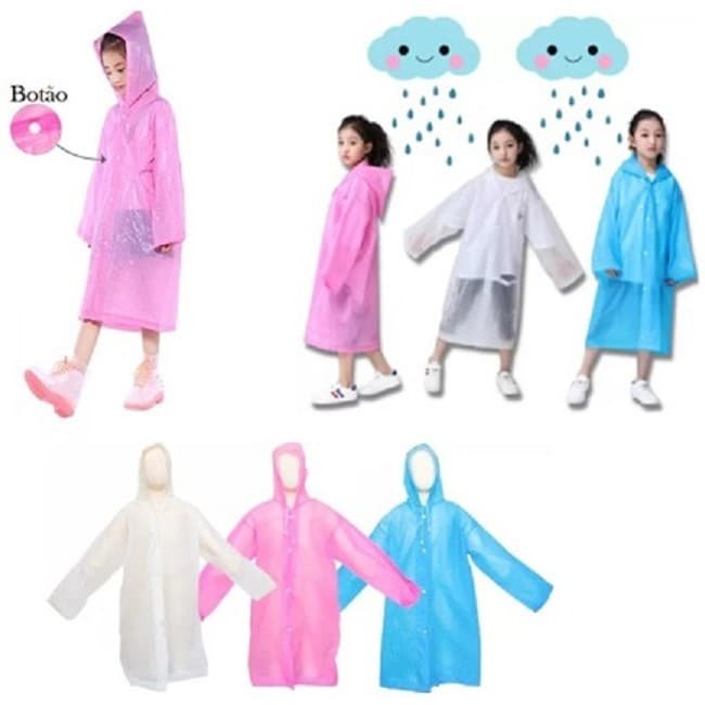 Capa de Chuva Infantil Impermeável C/ Botões Capuz Grande