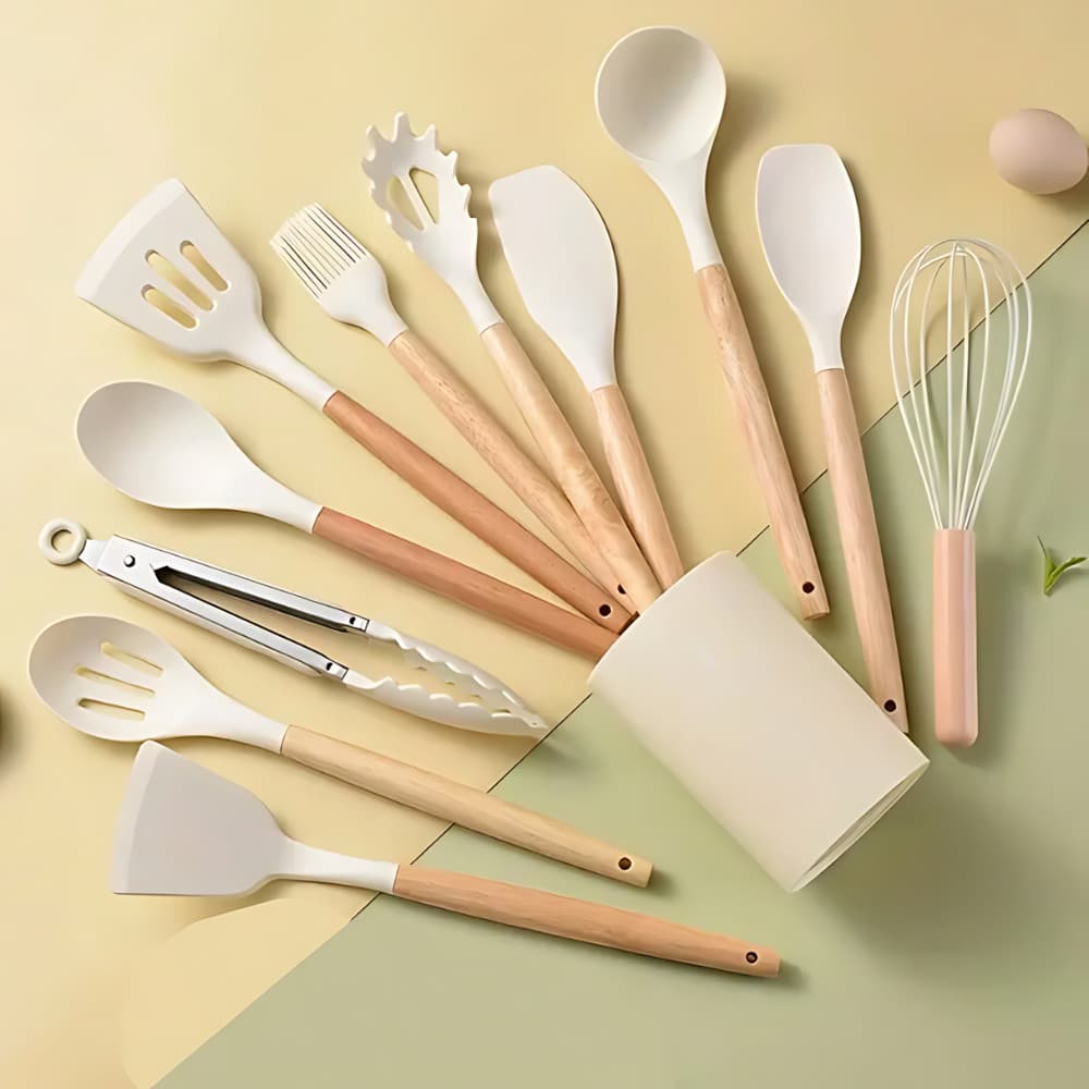 KIT de Utensílios Para Cozinha em Silicone e Bambu 12 Peças