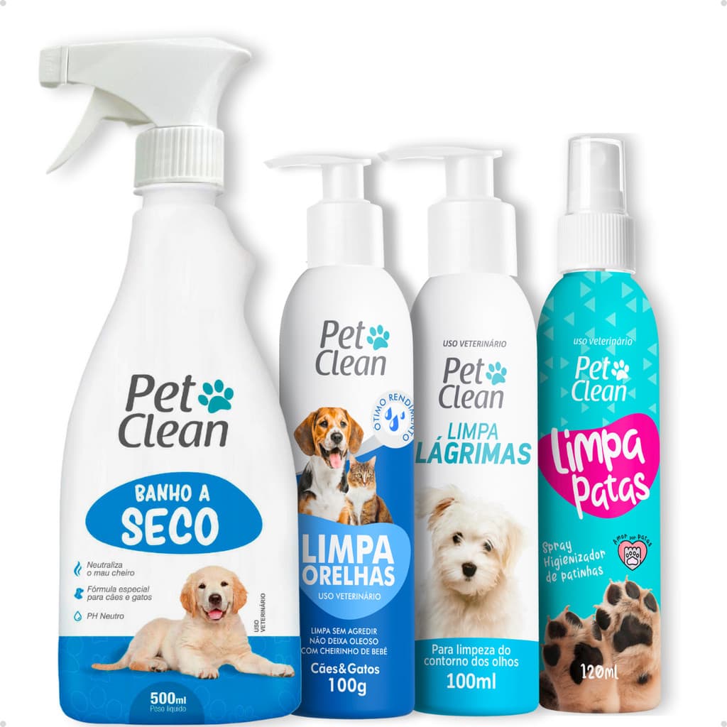Kit Higiene Higienização 4 em 1: Limpa Lágrimas + Limpador Ouvidos + Patas + Banho a Seco Pet Clean