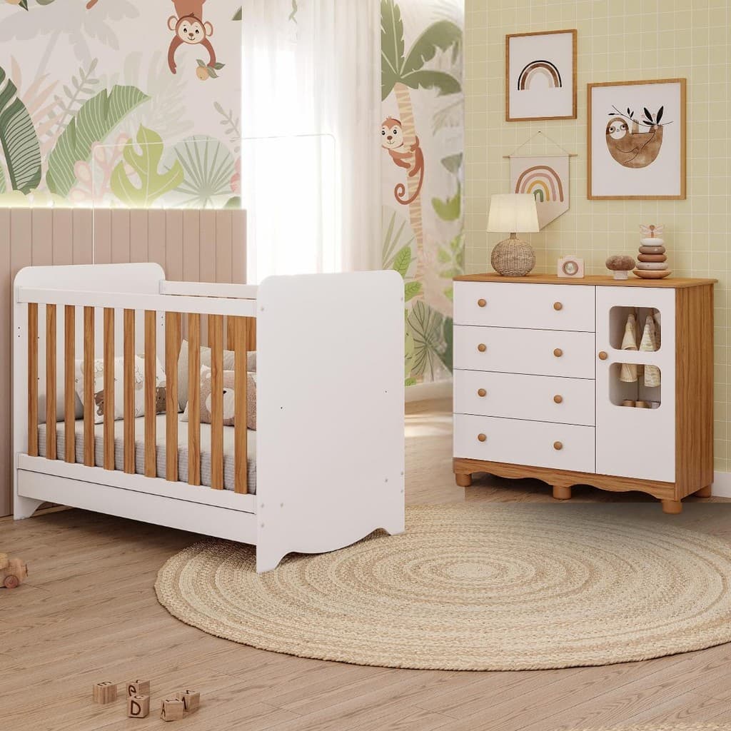 Quarto de Bebê Completo com Berço Americano Ben 3 Em 1 Cômoda Uli 4 Gavetas 100%MDF