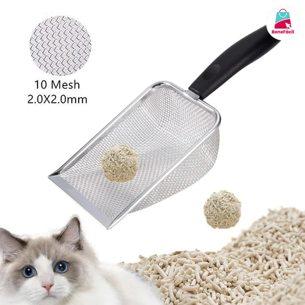 Pá e Peneira para Areia de Gatos em Aço Inox com Design Higiênico e Seguro