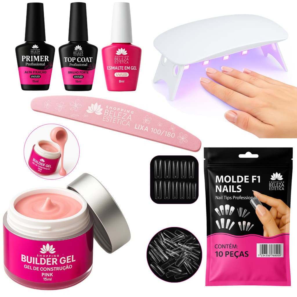 Kit Gel Construtor Unhas Profissional Molde F1 + Preparadores + Esmalte Lixa + Mini Cabine UV/LED Nail Designer Completo