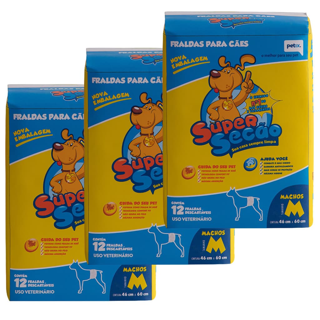 Kit 3 Fralda Descartável Super Secão Para Machos Petix 12 Unidade M
