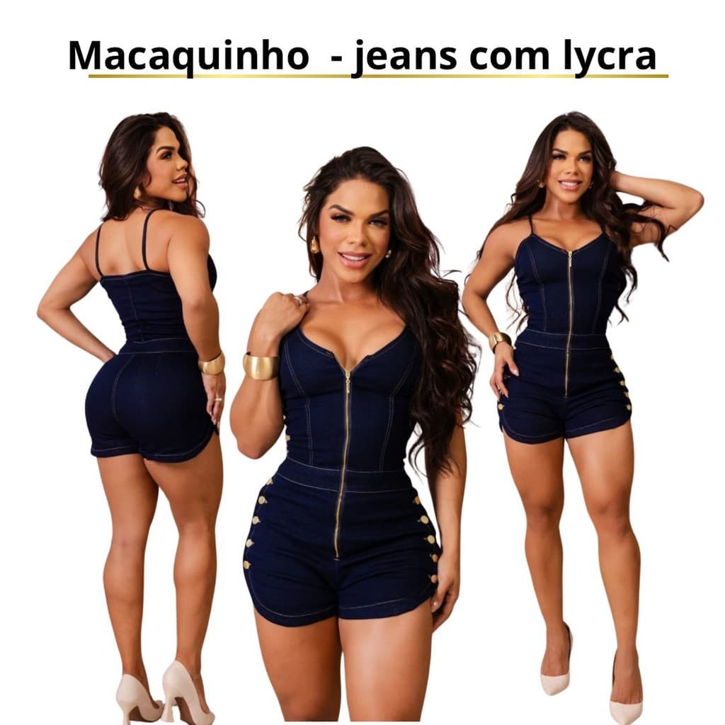Macaquinho Jeans Feminino com Lycra de Alça e botões lateral