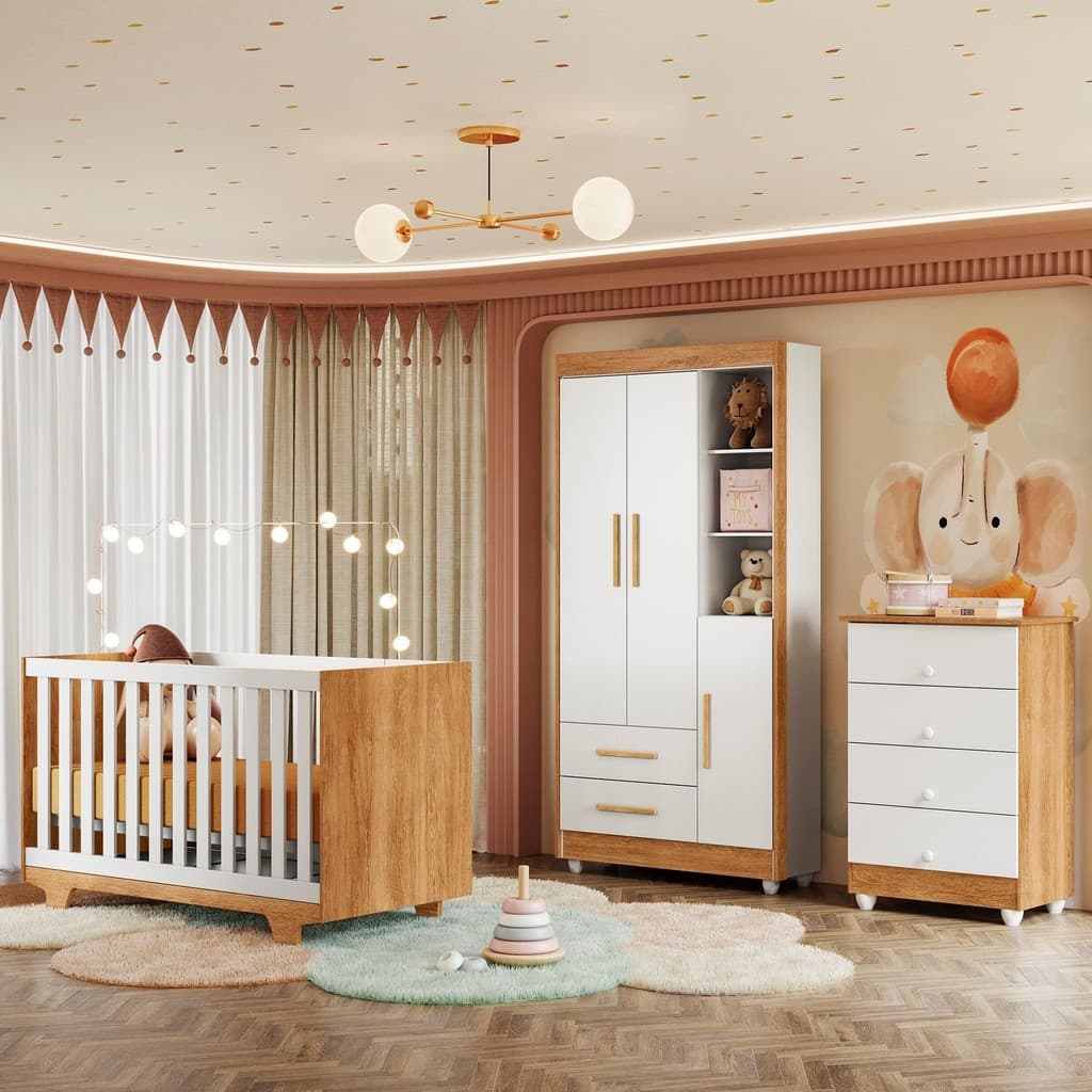 Quarto de Bebê Completo 100% MDF Cômoda Berço e Guarda Roupa Nina Branco/Amadeirado