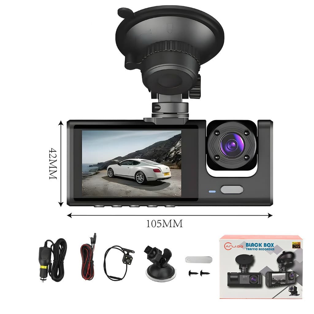 Câmera Veicular Full HD 1080p 3 Lentes (Frontal + Interna + Traseira) com Tela LCD | DVR Automotivo com Visão Noturna