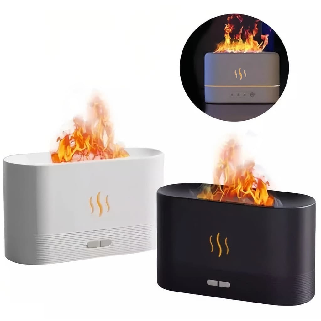 Umidificador de Chama com Difusor de Óleo Essencial e Luz LED Colorida de 7 Cores, Efeito de Chama