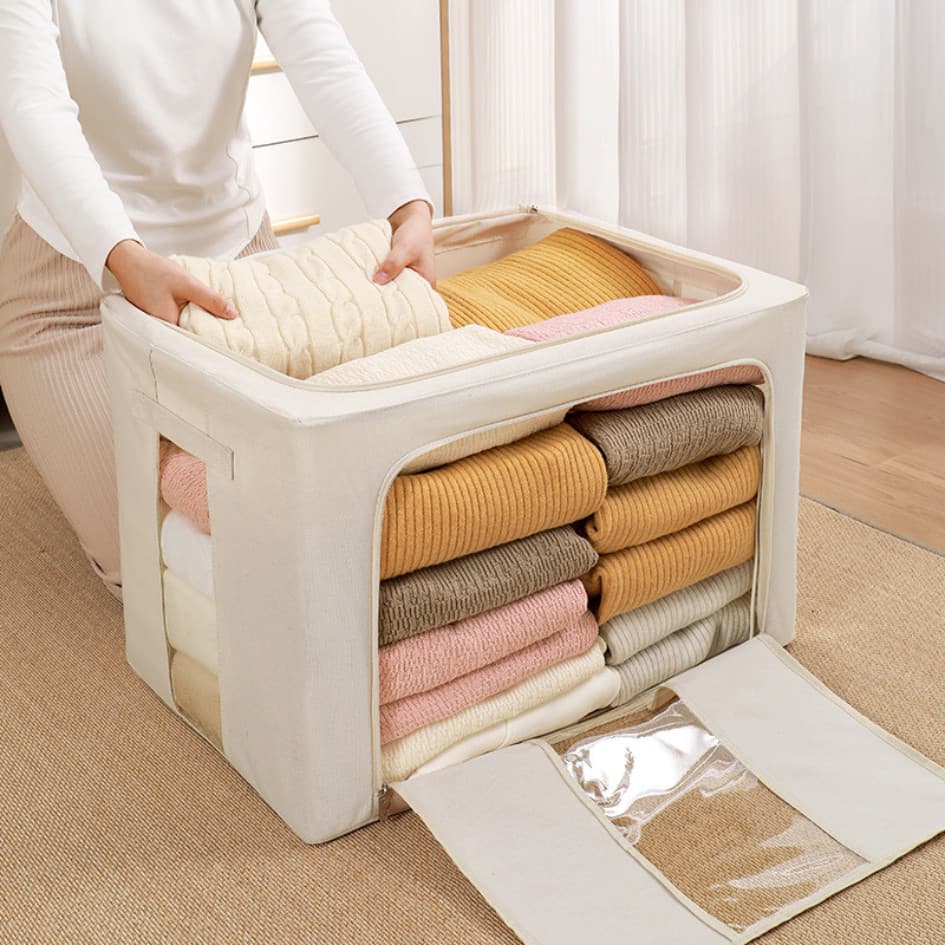 24L/66L/100L Caixa Organizadora Roupas Brinquedos Lençol Edredom Guarda Roupa Dobrável Visor Transparent