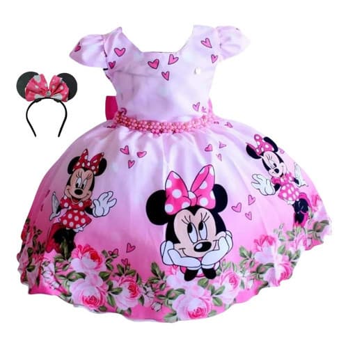 Vestido Infantil Princesa Luxo Minnie Rosa E Tiara