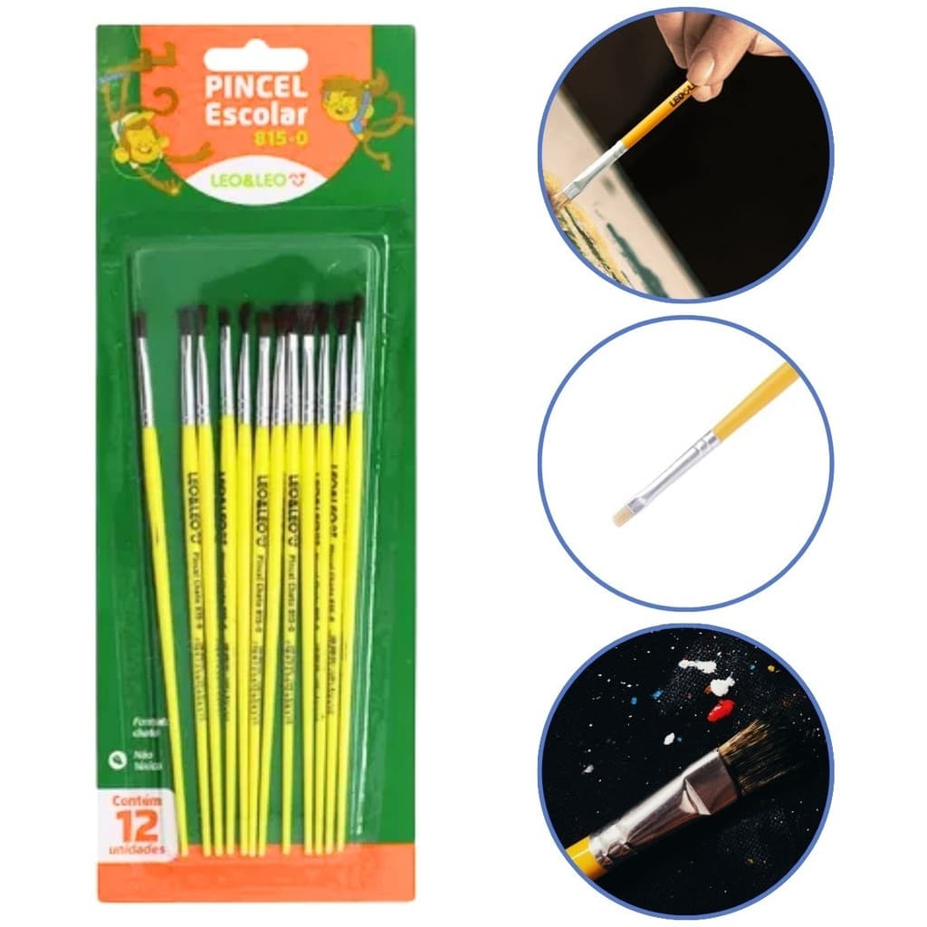 KIt 12 Pincel Escolar Artístico P/ Guache Artesanato Escolar Leo e Leo