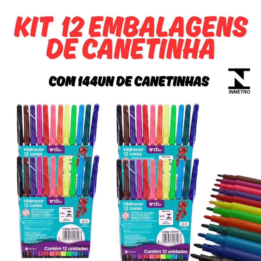 KIT 12 Embalagens Canetinhas Coloridas Canetas 12 cores Papelaria Material Escolar Atoxico Infantil