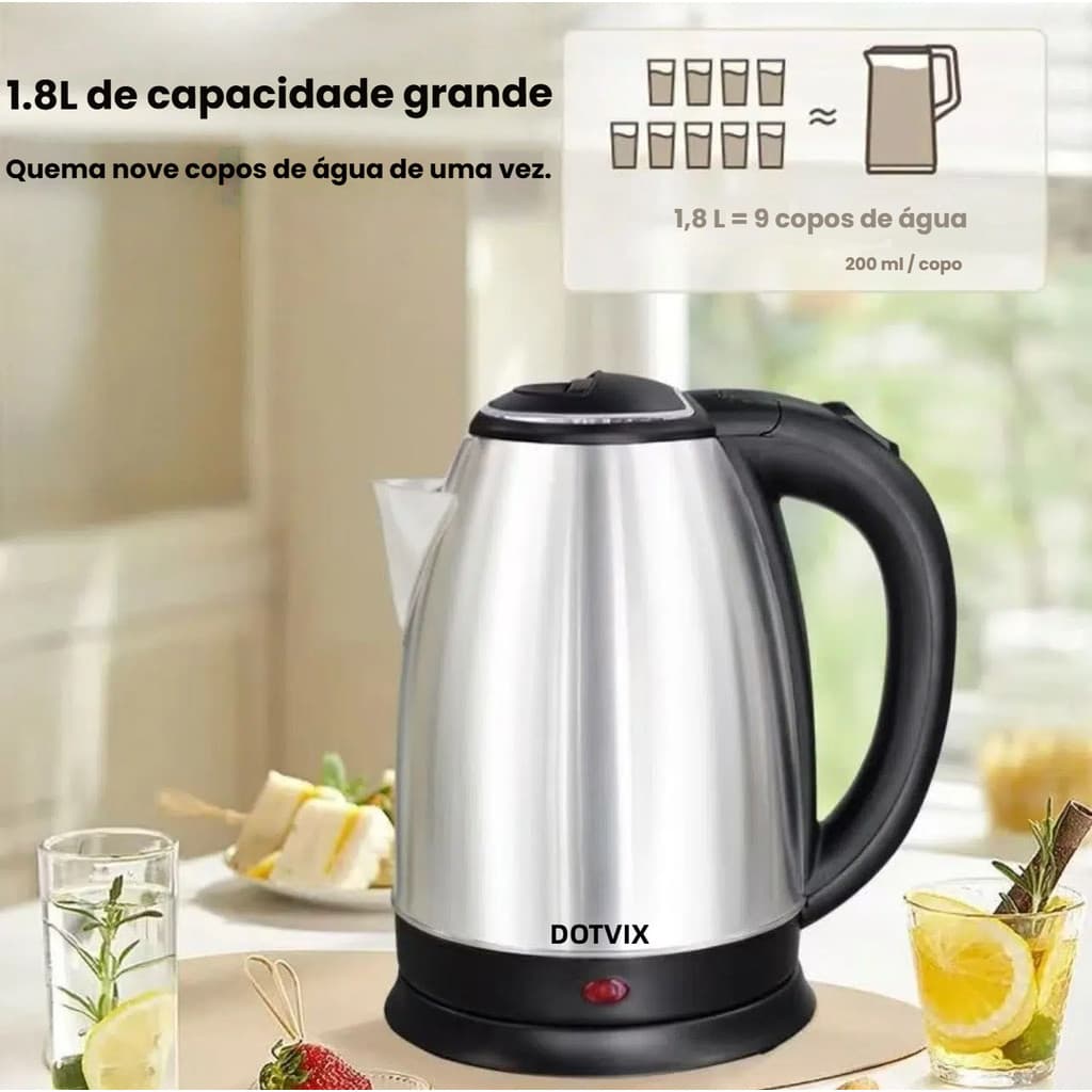 Chaleira Elétrica de Aço Inox/e de vidro, 1.8L,127V/220V, Ferve Água Rápido com Tampa e luz