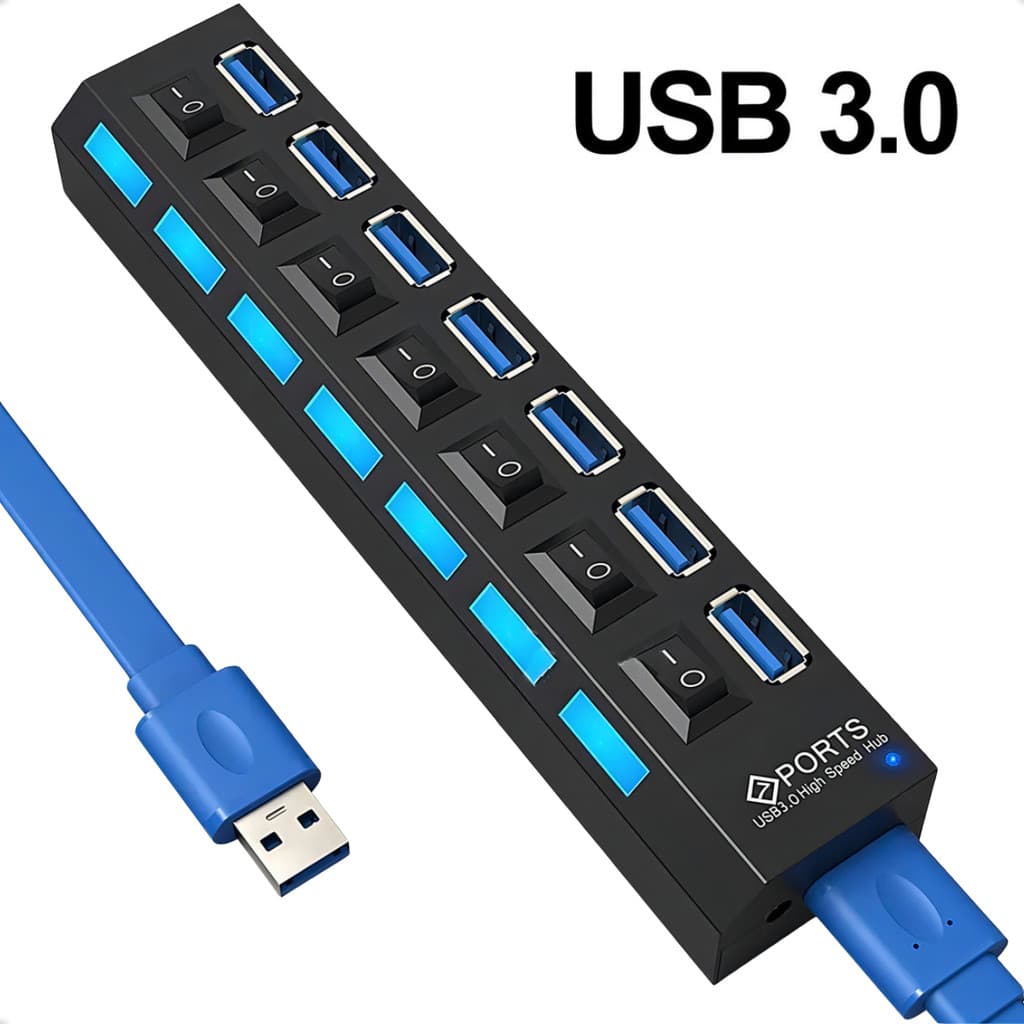 Régua Hub Usb 3.0 Com 7 Portas Ultra Rápido Para Pen Drive E Hd Ex Decor