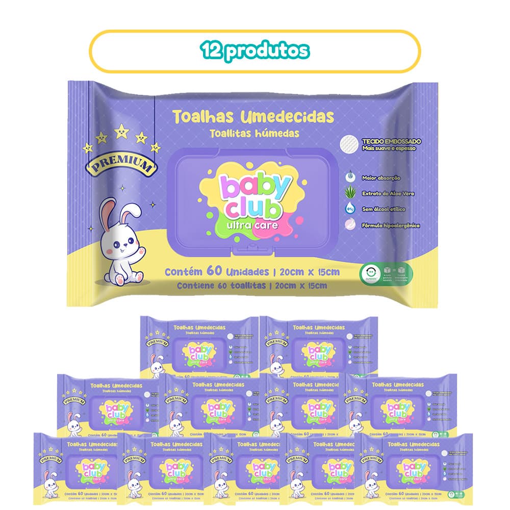 Kit 12 Pacotes Toalhas Umedecidas Premium 60 Folhas Baby Club