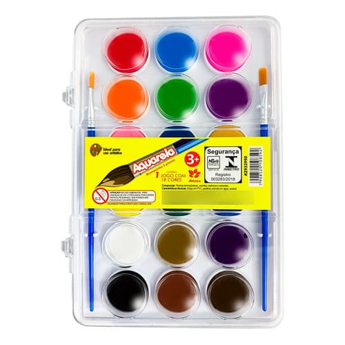 Aquarela Kit Pintura Escolar Estojo com 18 Cores + 2 Pinceis