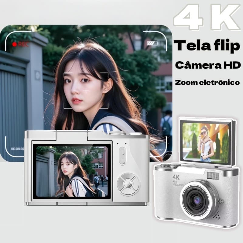 Câmera Digital  2025 NOVA 48MP com Tela Flip 4K 8X Zoom | Presente Estudante Portátil Selfie CCD