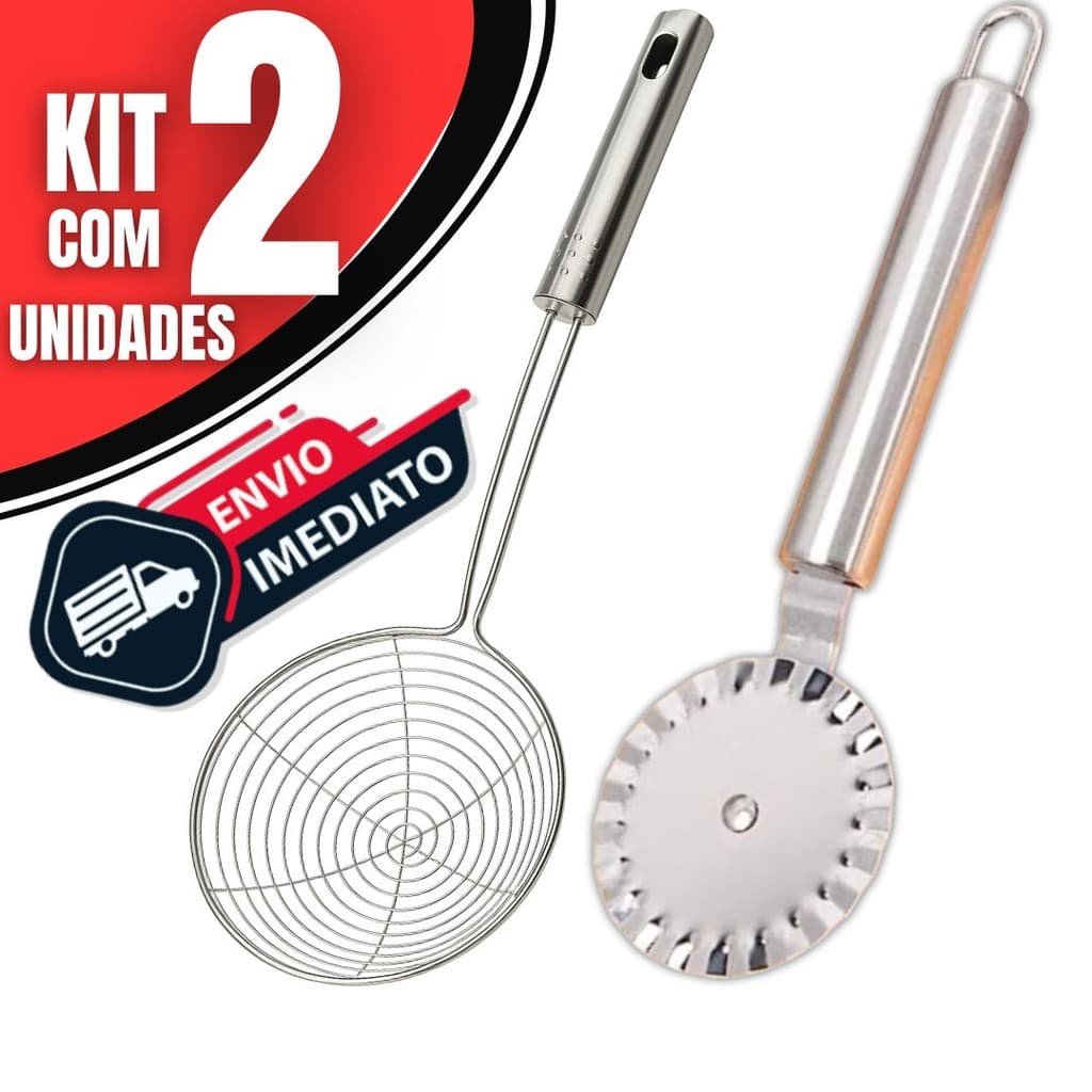 Kit 2 Escumadeiras De Fritura + Carretilha de Fechar Pastel | Utensílios Cozinha em Aço Inoxidável