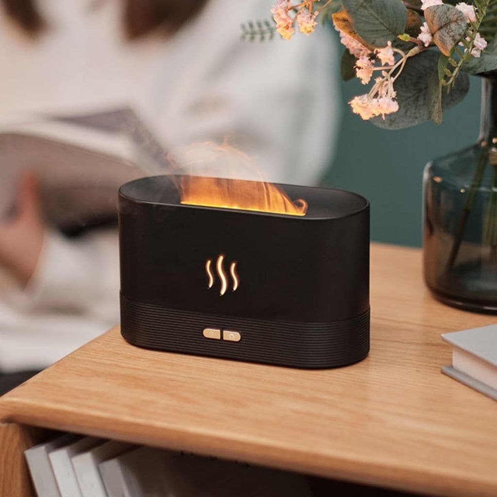 Umidificador de Chama com Difusor de Óleo Essencial e Luz LED Colorida de 7 Cores, Efeito de Chama