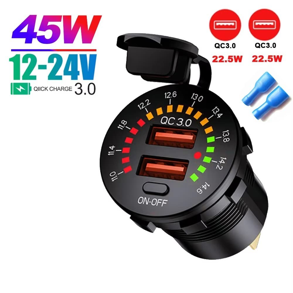 Carga Rápida 3.0 36W Carregador USB Duplo Para Carro QC3.0 À Prova D'água Com Interruptor De Voltímetro Motocicleta 12V/