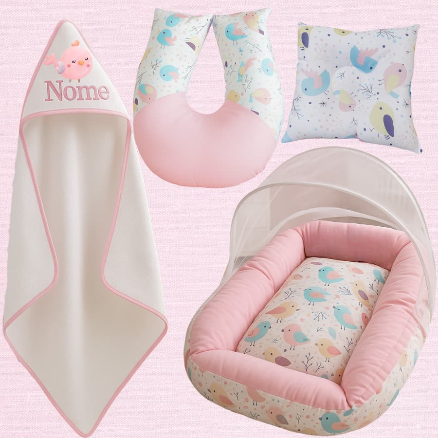 Kit PerfeitoPersonalizado Com nome Infantil, Ninho Redutor, Almofada de Amamentação e Travesseiro Anatômico