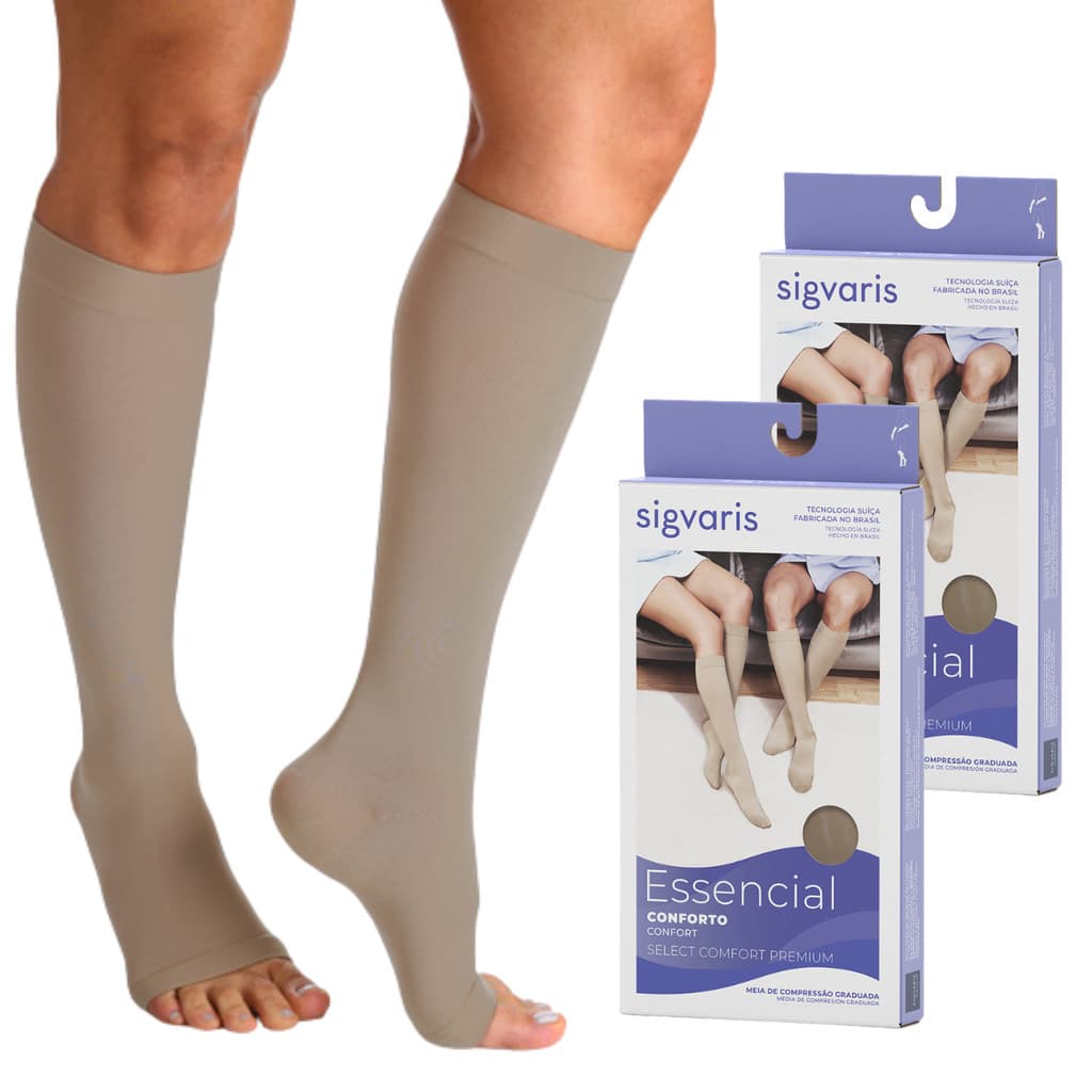 Kit 2 Pares - Meia De Compressão Panturrilha 3/4 Ponteira Aberta Sigvaris Premium - Varizes Edema Trombose