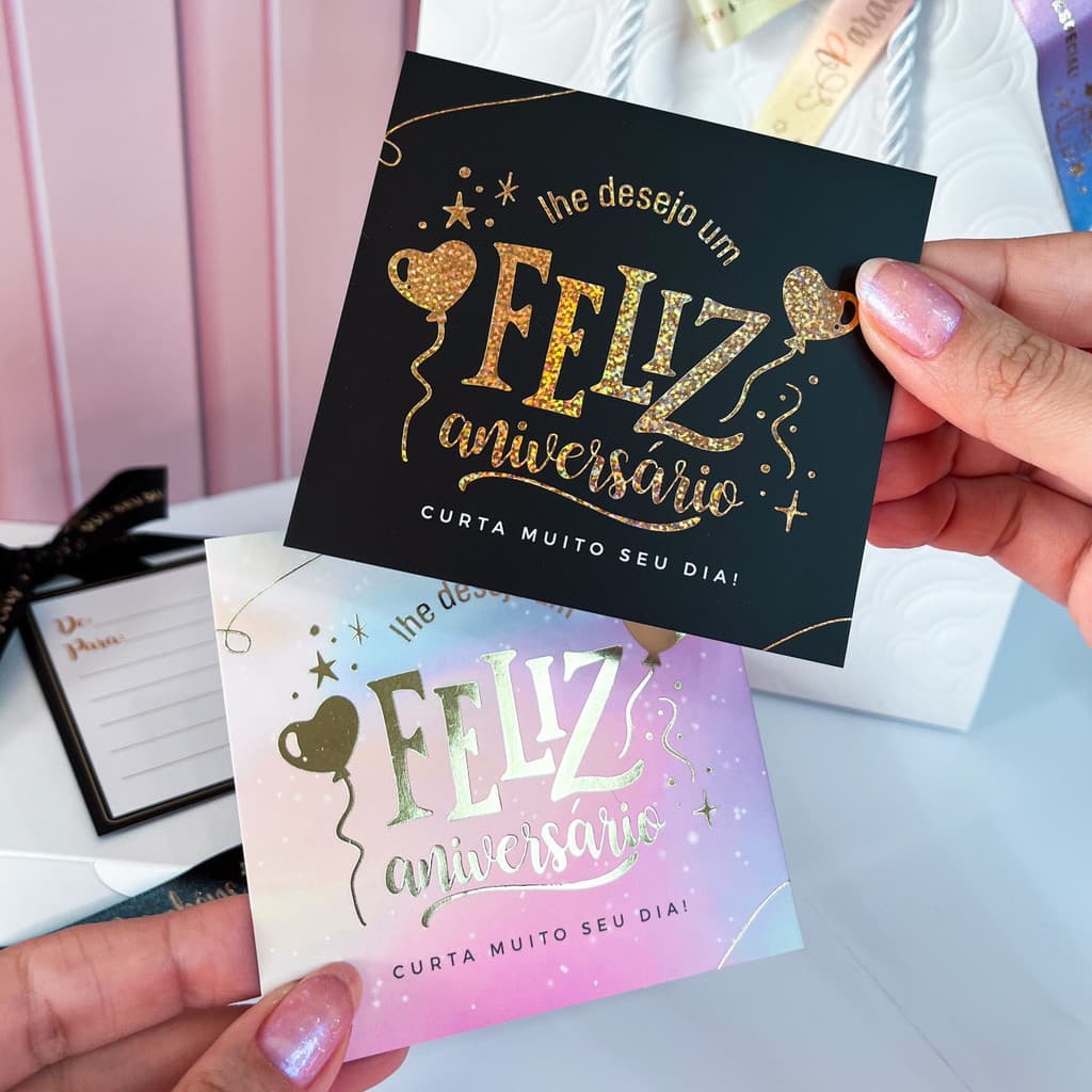 10 ou 25 Postais ANIVERSÁRIO - com Hotstamping - Cartões para presentes ou encomendas
