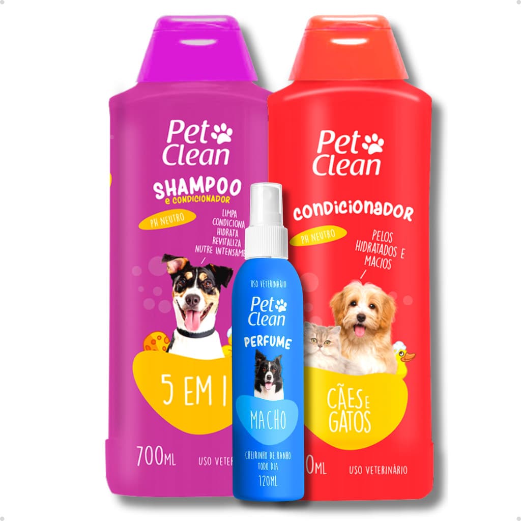 Kit Banho Shampoo 5 em 1, Creme Condicionador de Pelos e Perfume para Cachorro e Gato Pet Clean
