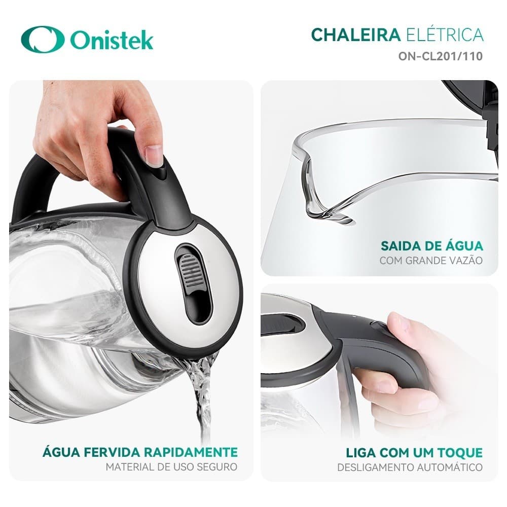 Chaleira Jarra Bule Elétrica Onistek 1,8L com LED Que Dança  Luzes Inteligentes Vidro Transparente