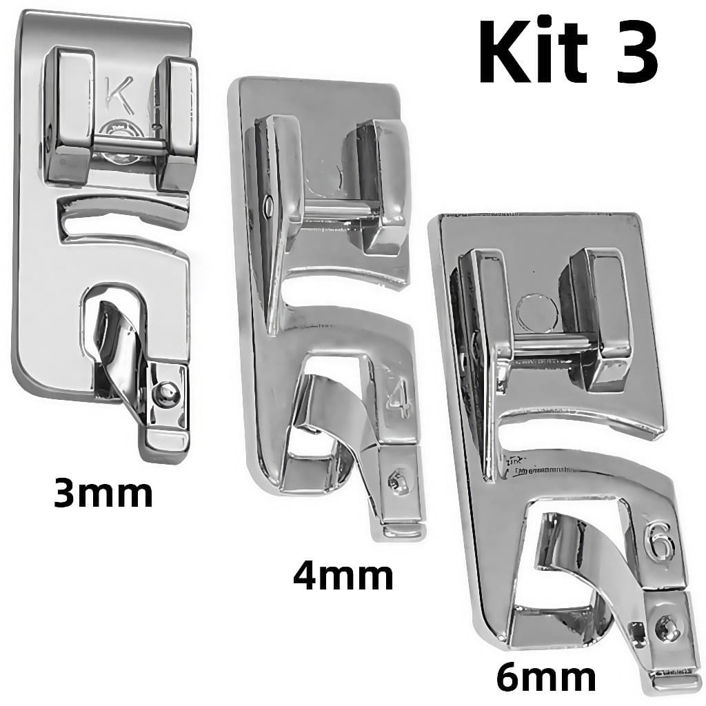 Kit 3 Peças Calcador De Bainha Barra 3, 4, 6mm / 12/19/25mm Para Máquina Doméstica