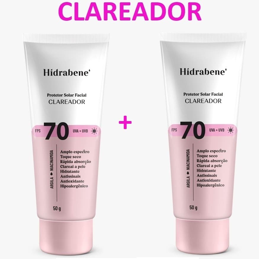 Kit 2 Protetor Solar Facial Clareador Hidrabene FPS 70 Toque Seco Antissinais Clareia a pele 50g