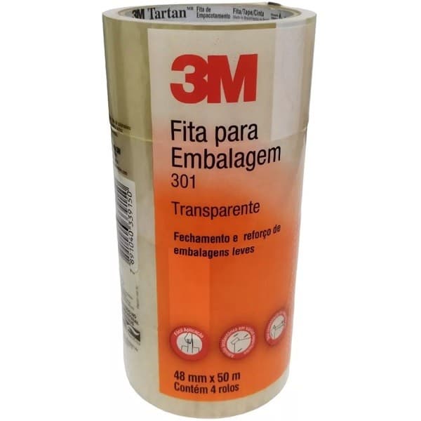 Kit 4 Fita Adesiva 301 Embalagem 3M Transparente 48MM X 50M