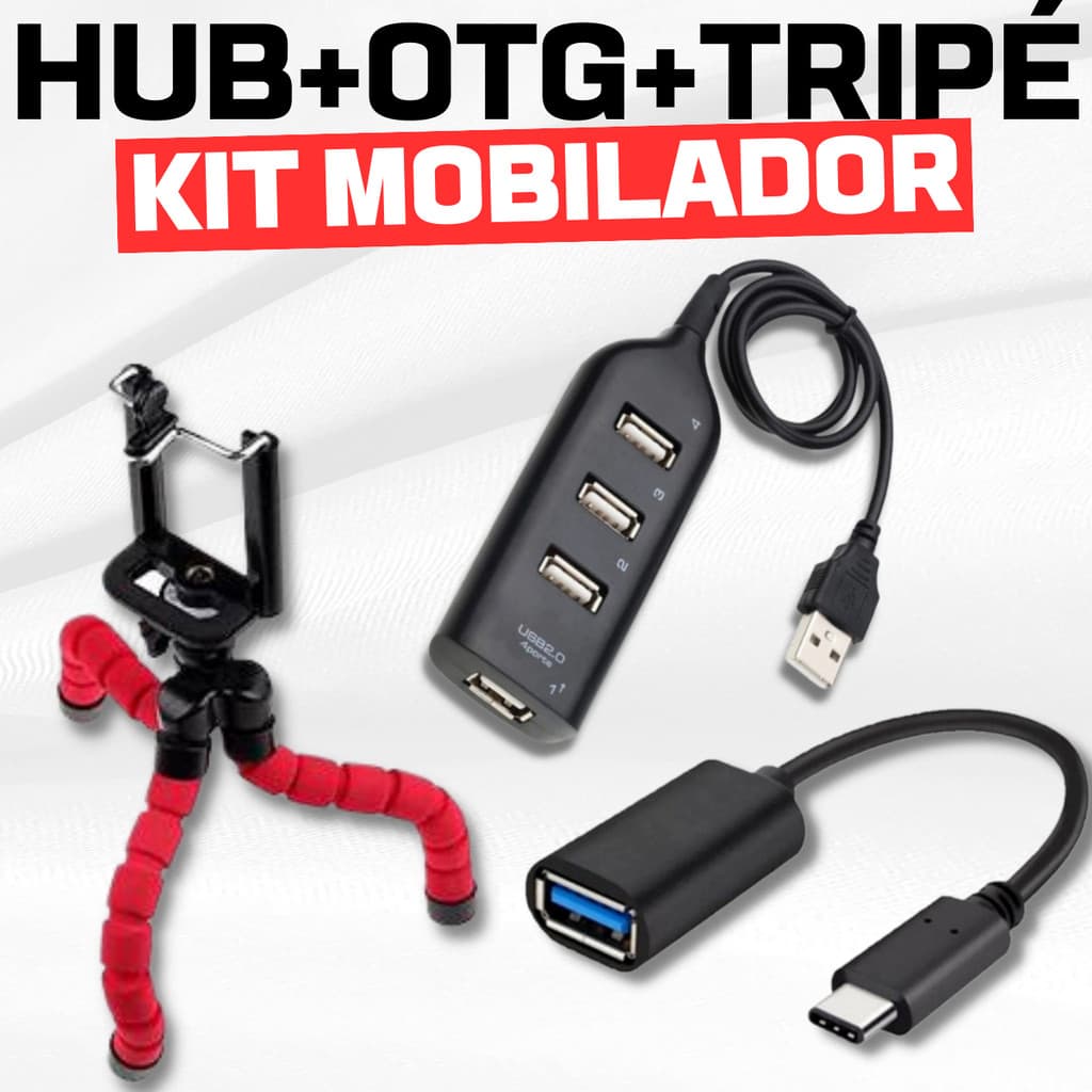Kit Hub Usb 4 Portas Usb Ultra Rápido + Cabo Adaptador Usb-c Ou Micro Usb + Suporte Tripé Flexível