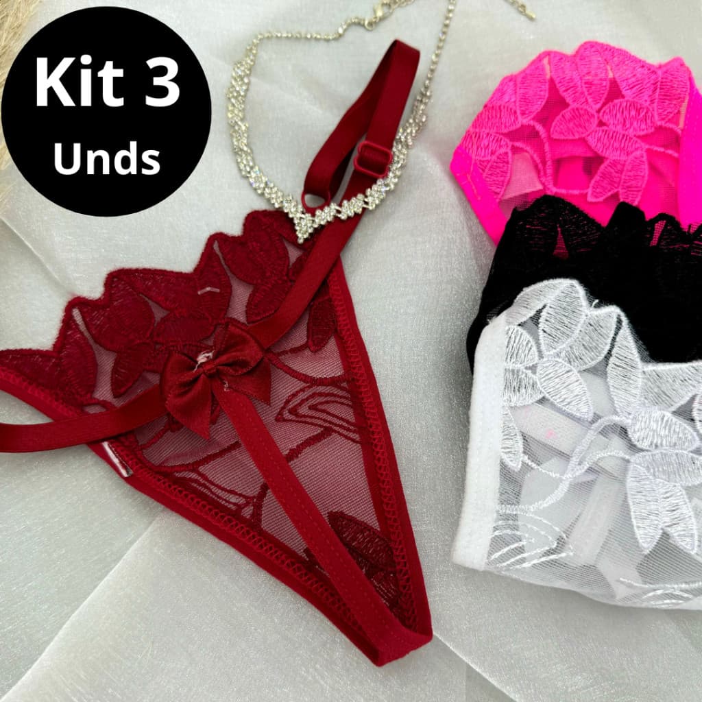 Kit 3 Calcinhas Tanga Fio Dental Sexy Lingerie em De Tule Com Laço Traseiro Regulagem Feminino