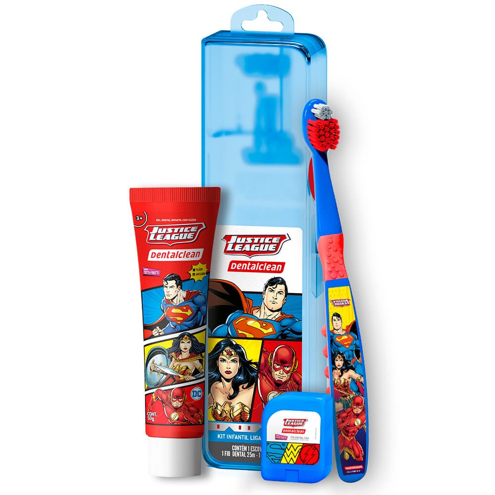 Kit Liga da Justiça Creme Dental Escova de Dente Fio Dental
