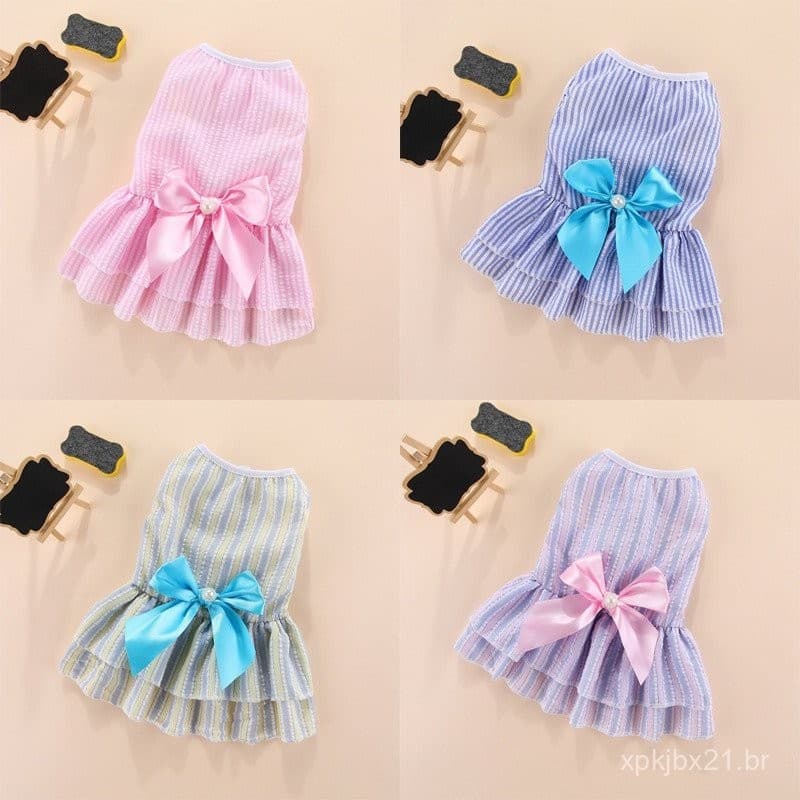 Vestido para Cachorro com Laço Roupas para Gato Verão Listras Verticais Finas Saia para Animais X2ND