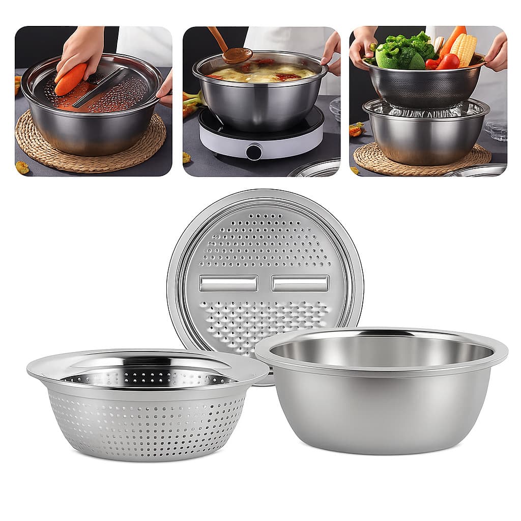 Escorredor De Panela De Aço Inoxidável Foods Slicer 3 Em 1 Ralador Escorredor KIT 3 EM 1 Escorredor Ralador