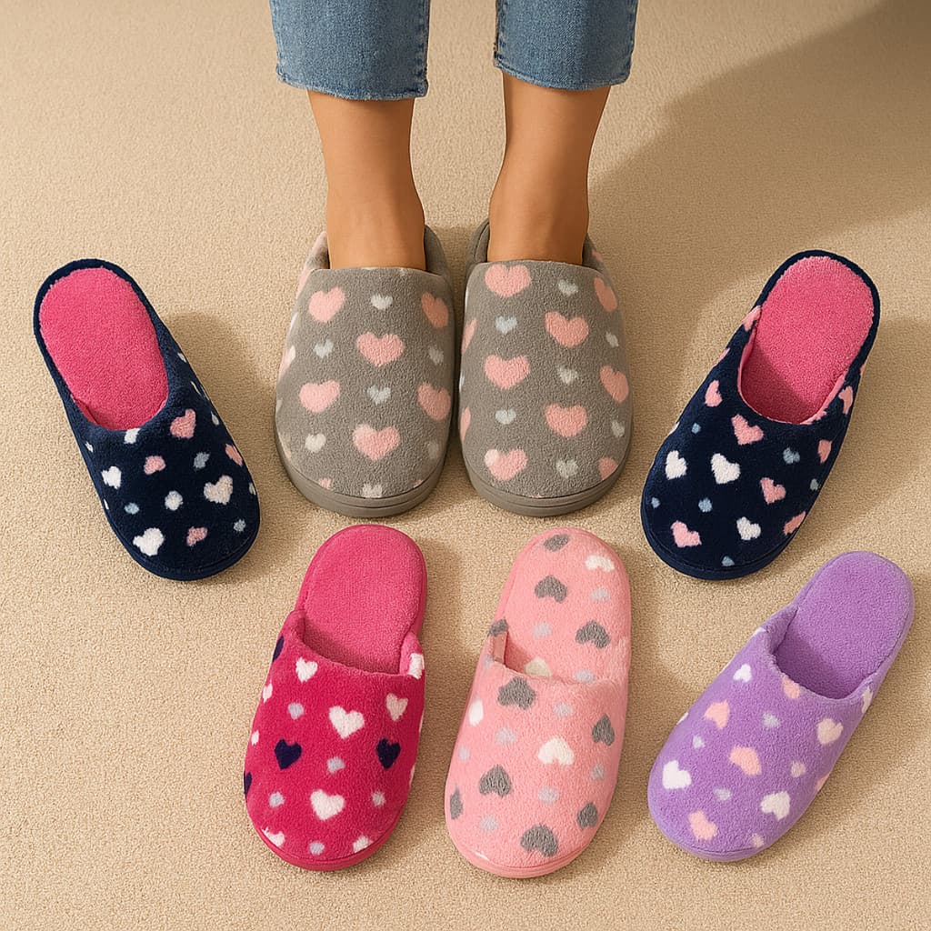 Chinelo Pantufa Feminina Adulto Inverno Estampa Coração Quentinha Forrada Em Lã E Com Antiderrapante