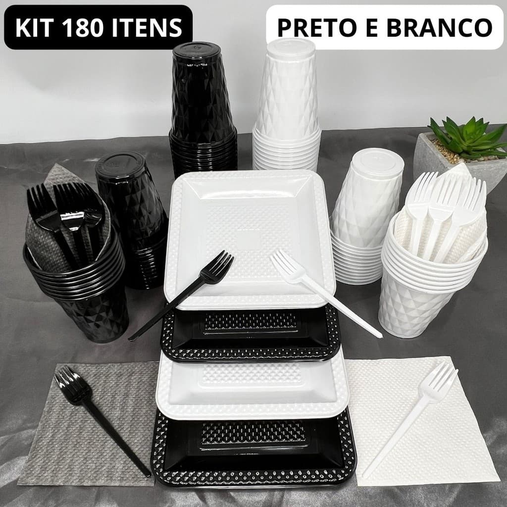 Kit 180 Itens Festa Aniversário Completo Preto E Branco Descartável Prato Copo Garfo Guardanapo Cor Time P/ 40 Pessoas