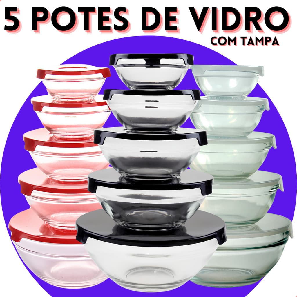 Conjunto Tigela Vidro Bowl Marmita Tampa 5 Peças Herméticos
