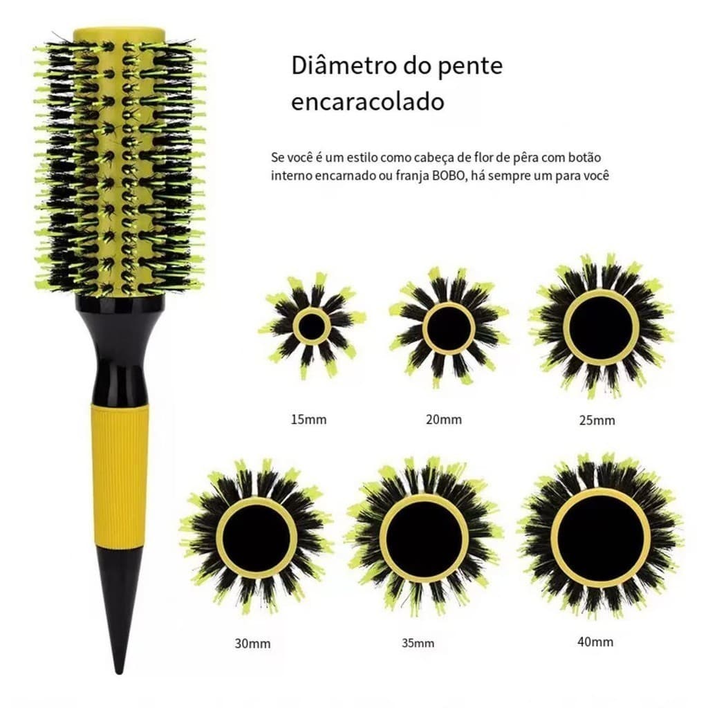 Escova De Cabelo Térmica Amarela Cerdas De Javali Mista Madeira