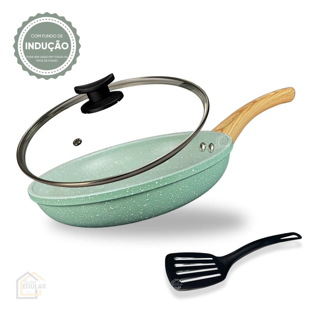 Frigideira 20 cm Indução Antiaderente Cerâmica Não Gruda com Tampa Vidro e Espátula Verde Turquesa
