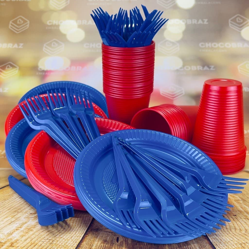 Kit Festa 50 PESSOAS DESCARTAVEIS GARFO + PRATO + COPO (ARANHA AZUL E VERMELHO)