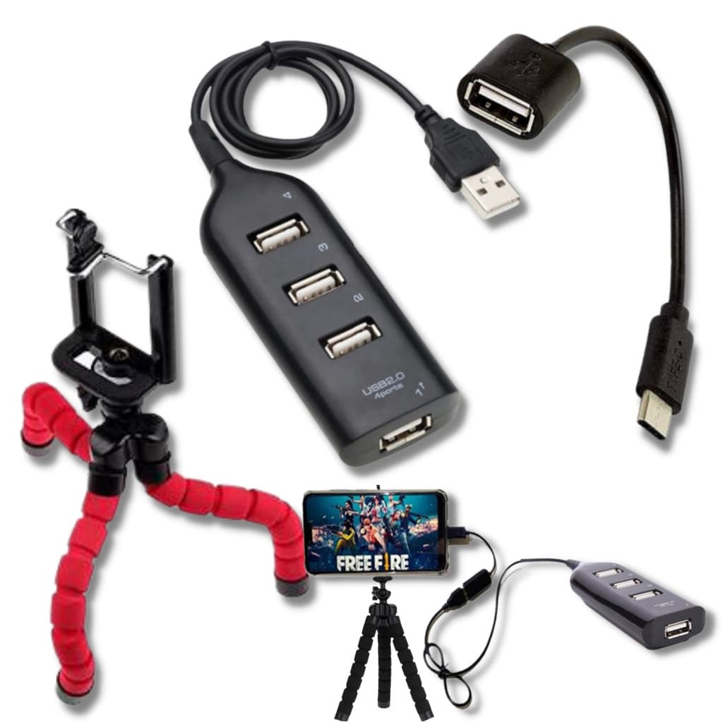 Kit Emulador Hub Usb 4 Portas Usb Ultra Fast + Cabo Adaptador Usb-c Ou Micro Usb + Suporte Tripé Flexível Envio Rapido