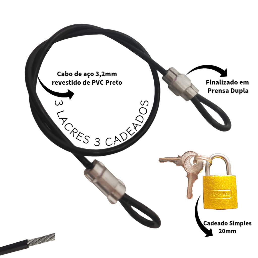 3 Cabos de Segurança 35cm Revestido PVC + 3 Cadeado 20mm bag Trava Ziper Malas Bagagens Capacete Bolsa Estrobo