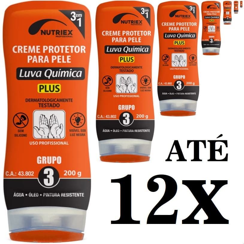 Kit até 12 Creme Protetor Luva Química para Mãos Grupo 3 Plus Uso Profissional 200g Nutriex CA43802 Camada Protege Pele