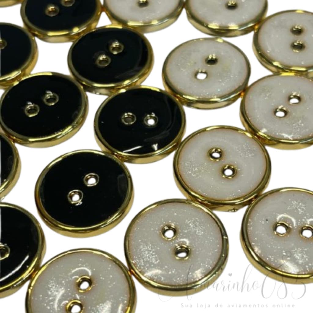 Botão 2 Furos com Arco Dourado C/50 Unidades Preto e Branco - Escolha o tamanho