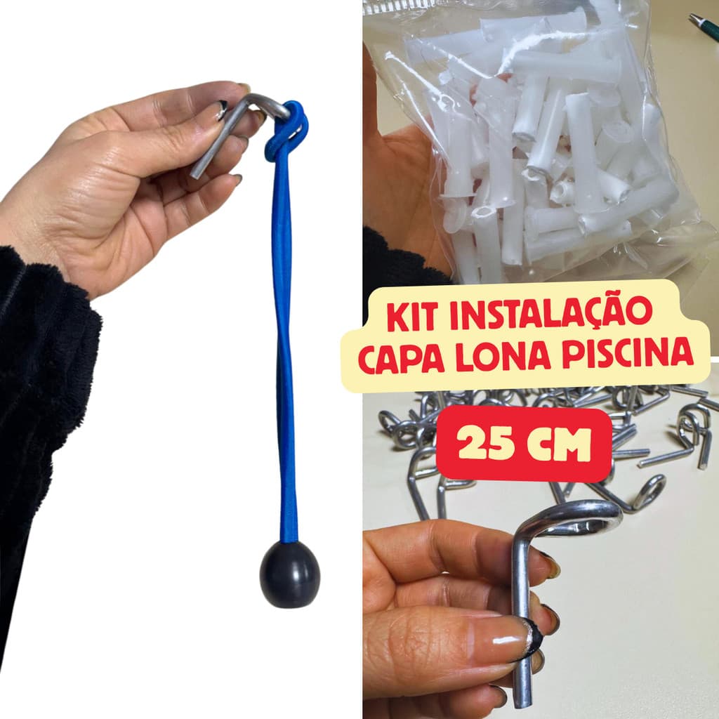 20 Kit Extensor Cordinha Para Capa Lona Piscina 25cm (Pino, Bucha e Bolinha)