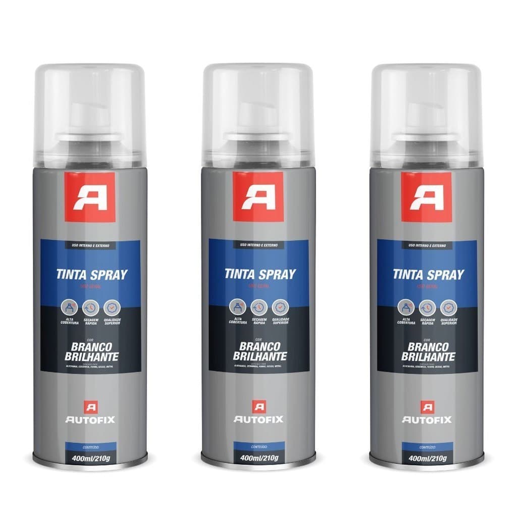 Kit 3 Tinta Spray de pintura Uso Geral 400ml - Autofix 400ml / 210g - Branco Brilhante