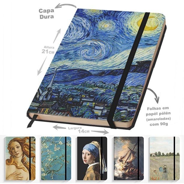 CAderno Sketchbook para desenho 21x14 obras de arte Van Gogh - Monet - Vermeer - Botticelli