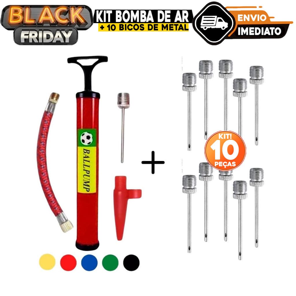 Kit Bomba de Ar com Acessórios + 10 Bicos de Metal para Encher Todo Tipo de Bolas Bico Encher Infláveis Boia  Balões